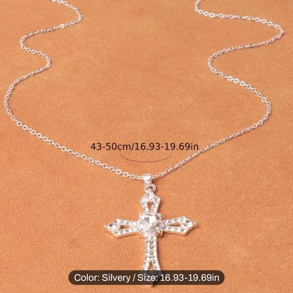 Artificial Diamond Cross Necklace Charm Silvery Necklace - Picture 2 of 3